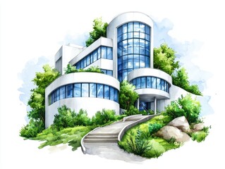 Innovative architectural sketch of a smart building surrounded by nature modern design concepts vibrant environment