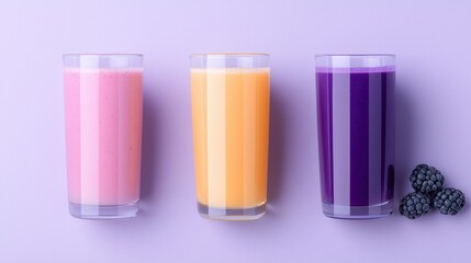 Three tall glasses of different colors - pink, orange, and purple - arranged in a row on a purple background. on the right side of the image, there are three blackberries scattered around the glasses.