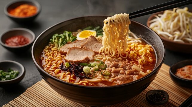 Delicious ramen bowl with chashu pork, soft-boiled egg, and fresh vegetables