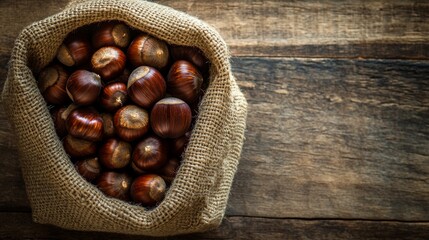 Obraz premium Rustic burlap sack filled with fresh hazelnuts on wooden background