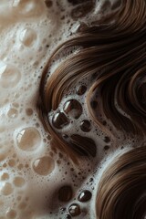 Luscious hair rinsed with bubbles in close-up shampoo moment