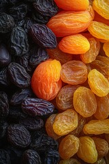 Assorted dried fruits: raisins, apricots, and peaches in vibrant contrast