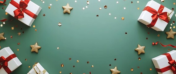 green background with red and gold ribbon bows, golden stars, white gift boxes, confetti on the sides, top view, flat lay, space for text, minimal concept, in the style of an art director. 