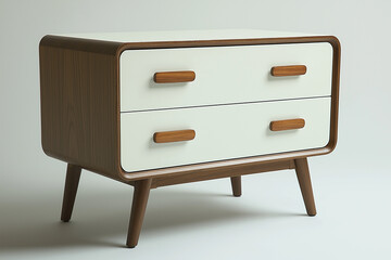 commode blanche &agrave; tiroirs avec finition mate, lignes &eacute;pur&eacute;es, poign&eacute;es en bois naturel, style scandinave, mobilier , d&eacute;coration, objet 3D r&eacute;aliste, HDR, photographie de studio, tendance