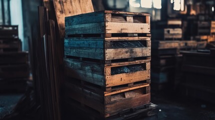 Stacked Wooden Pallets Inside Industrial Warehouse