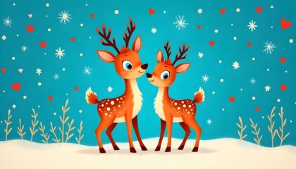 Naklejka premium Cute Reindeer Couple in Winter Wonderland Love Scene
