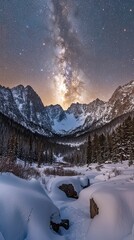 Crystal Clear Starry Sky Over Snowy Mountain Peaks Starry Night Skies in Winter ,Winter seasson, Happy New Year, Happy christmass