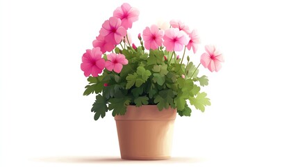 Naklejka premium a 2D cartoon illustration of a potted geranium with red flowers, colorful and bright, white background--ar 16:9