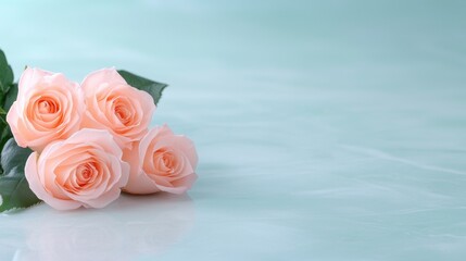Close-up of a bunch of pink roses on a light blue background. the roses are arranged in a way that they are overlapping each other, with the petals slightly curled at the edges.