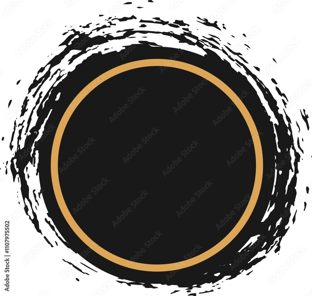 Poster black circle with a prominent gold border is encompassed by a textured grunge effect, creating a dyn