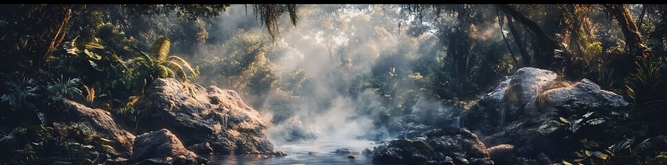 Concept art of a fantasy landscape with a river, rocks, and a jungle, shot from a low angle, with cinematic lighting, a misty atmosphere, and a fantasy style