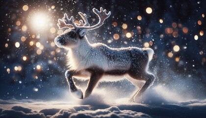 Fototapeta premium Snow-Covered Reindeer in Motion Under Falling Snowflakes, Illuminated by Soft Glowing Bokeh Lights on a Magical Winter Night