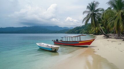 A rustic small fishing boat with colorful details anchored near a sandy shore, ready for a day of fishing activities.