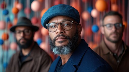 Three men wearing glasses and hats stand in focus against a blurred backdrop of colorful hanging...