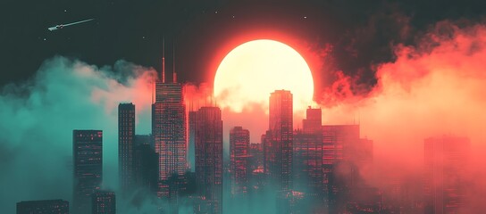  with tall futuristic buildings and skyscrapers, glowing lights, digital illustration, digital painting, cinematic lighting, smoke in the background, a red, orange, and blue gradient sky, nighttime, 