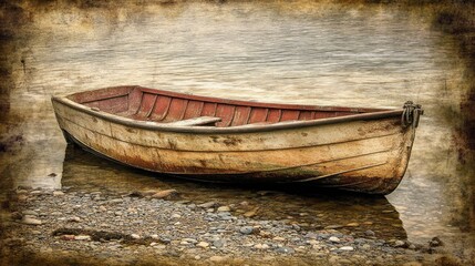 Obraz premium A vintage small fishing boat resting on a pebbled shore, its worn wood telling tales of countless fishing trips.