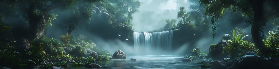 Concept art of a fantasy landscape with a river, rocks, and a jungle, shot from a low angle, with cinematic lighting, a misty atmosphere, and a fantasy style