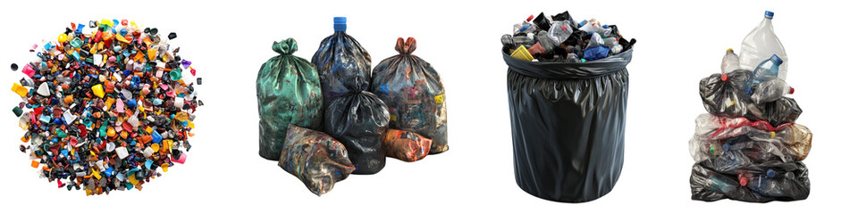 Obraz premium Waste plastic bottle and bags isolated on transparent background, Set of