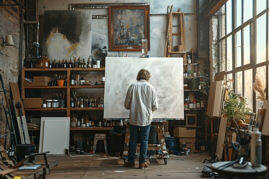 Artist creating artwork in a bright studio.