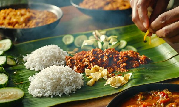 Hands Preparing Nasi Lemak, a Malaysian Rice Dish with Curry and Cucumber