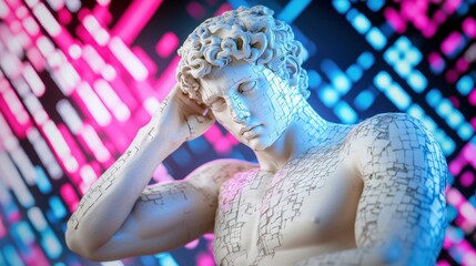 Digital reinterpretation of a classical statue with geometric patterns on the surface, set against a vibrant neon background of pink and blue lights, blending tradition with technology.