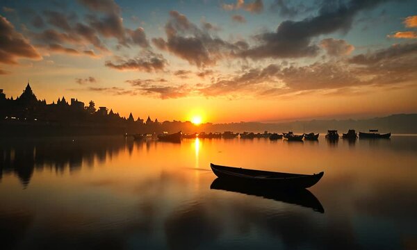 Serene Sunrise over Omkareshwar Temples and Boats on Narmada River