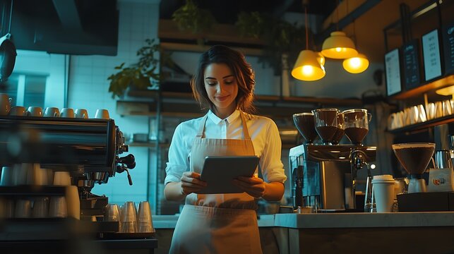 A barista using a tablet in a cozy caf? setting, surrounded by coffee equipment.