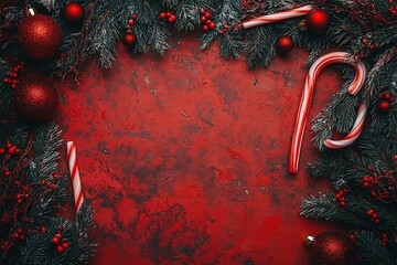 Christmas background with candy canes, fir branches, and red ornaments on the left side border on a flat red backdrop with copy space for text, top view. New Year's decoration concept.