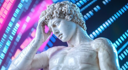 Digital reinterpretation of a classical statue with geometric patterns on the surface, set against a vibrant neon background of pink and blue lights, blending tradition with technology.