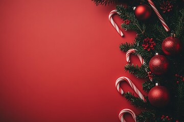 Christmas background with candy canes, fir branches, and red ornaments on the left side border on a flat red backdrop with copy space for text, top view. New Year's decoration concept.
