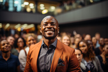 Obraz premium Attractive African American Man Makes an Impression to the Audience. Active Speaker of the Event. Meeting