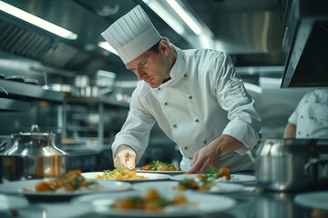 Chef plating a gourmet dish in kitchen.