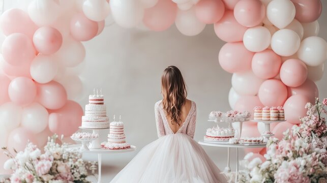 Create an arch of white and pink balloons for the background and a birthday girl standing