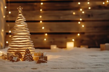 Christmas background with a wooden wall, candles, and a Christmas tree on snow in front of it. The scene is illuminated by the warm light from the glowing garland.