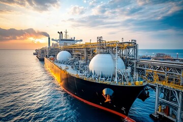 Vibrant sunset illuminates a massive gas carrier at a port facility. Generative AI