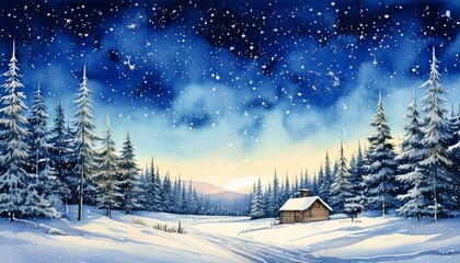 A painting of a snowy landscape with a cabin in the distance. The cabin is surrounded by trees and the sky is filled with stars. The mood of the painting is peaceful and serene