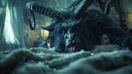 Terrifying horned demon Krampus lurking behind two children in an antique bedroom. Dark fantasy horror scene with eerie lighting, vintage decor, and a chilling atmosphere.
