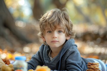 Fototapeta premium Child enjoying a peaceful moment outdoors.