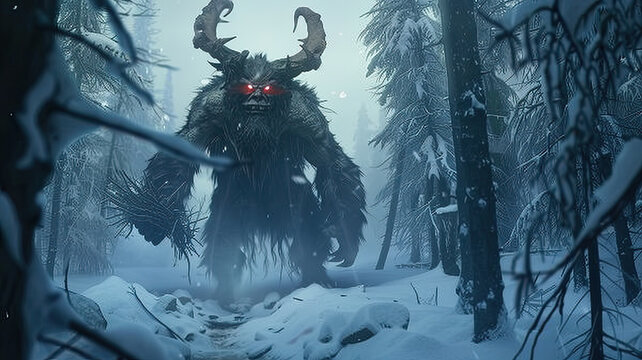 Fantasy creature in a snowy forest: horned demon Krampus with glowing red eyes, frosted beard, and eerie atmosphere. Perfect for dark, mythical, and mysterious themes. - Powered by Adobe