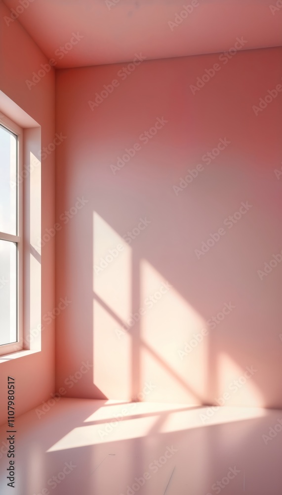 Poster empty pale pink room with window. sunlight casts shadows on walls and floor. minimalist and clean in