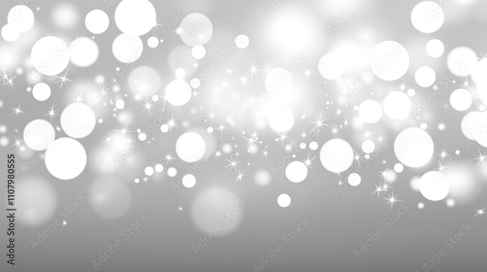 Poster Abstract photo shows white bokeh lights on gray background. Bokeh lights circular shapes. Light effect suggests festive celebratory mood. Soft light creates calming atmosphere. Gray background