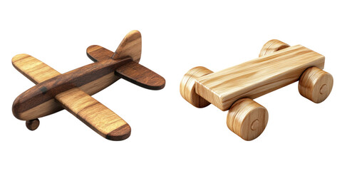 Wooden plan toy isolated on transparent background, Set of
