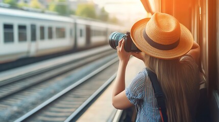 A person photographing a train from a window, capturing travel moments.