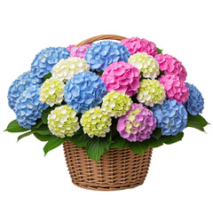 Basket of colorful hydrangea flowers in pink, blue, and white on a transparent background