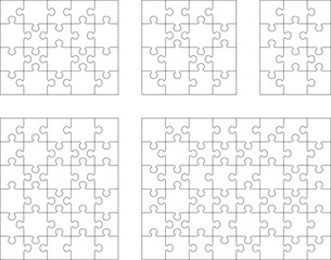 Illustration of five white puzzles, separate parts	