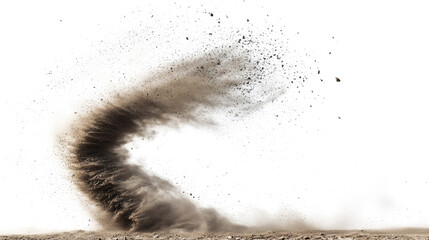 The dust devil spins, a small whirlwind of dust and debris isolated on white & transparent a background.