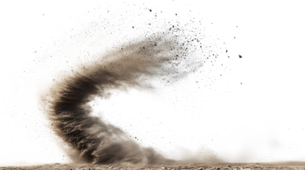The dust devil spins, a small whirlwind of dust and debris isolated on white & transparent a background.