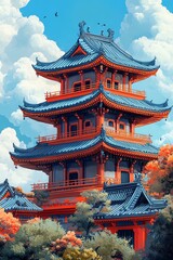 Fototapeta premium traditional Japanese pagoda with tiered roofs and ornate details