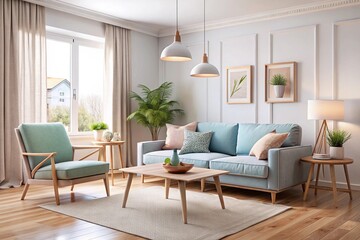 Fototapeta premium A light-filled living room with a light teal sofa and armchair, wooden tables, and framed artwork.