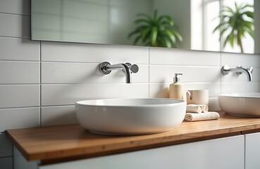 Fototapeta premium Modern bathroom sink area. Clean white sink on light wooden vanity. Minimalist style with white tiled walls. Modern chrome faucet adds touch of elegance. Simple, tidy. Beige toiletries displayed on